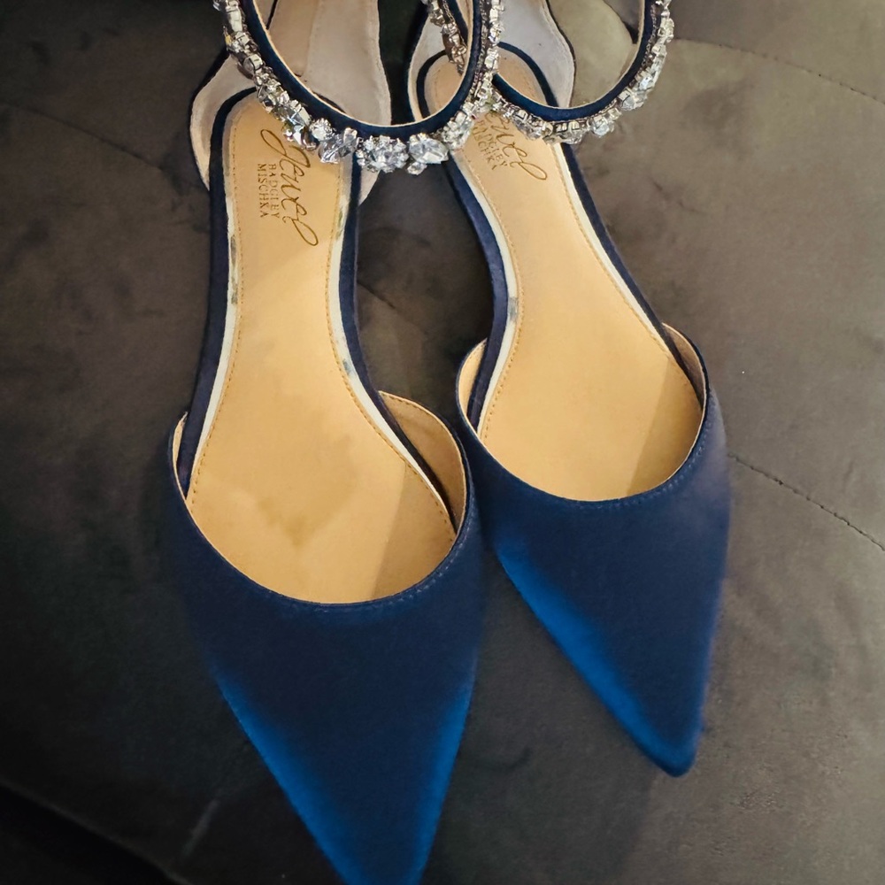 Elegant Blue Satin Flat Women's Shoes with Crystal Embellishments 7.5